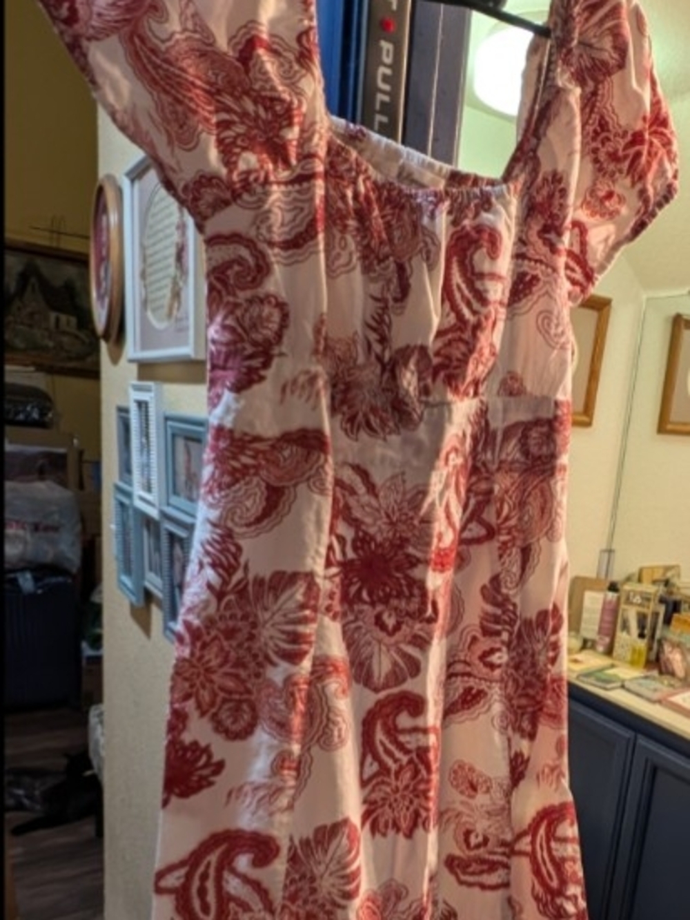 Lapogee Red Paisley Floral Midi Dress Puff Sleeve Size Large